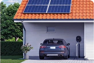 Imagem de uma casa com placas solares no teto e, na garagem, um carro elétrico estacionado ao lado de um carregador de carros.