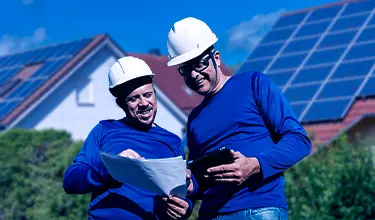 Dois instaladores de painel solar sorrindo enquanto olham para projeto no papel.