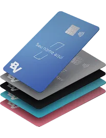 Composição visual com todos os tipos de cartões do banco BV empilhados.