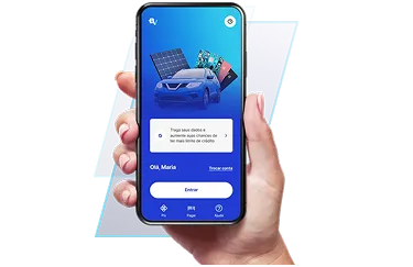 Uma mão segurando um celular com a tela do app BV