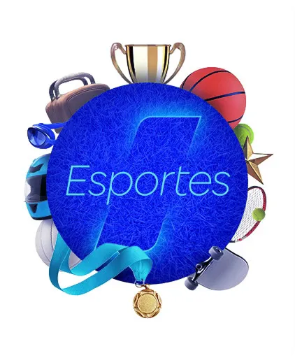 Um círculo azul escrito “Esportes” no centro e, ao redor, objetos que remetem a atividades esportivas, como bolas, skate etc.