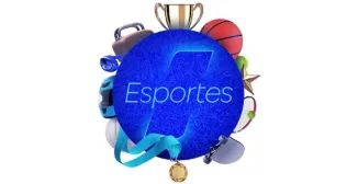 Um círculo azul escrito “Esportes” no centro e, ao redor, objetos que remetem a atividades esportivas, como bolas, skate etc.