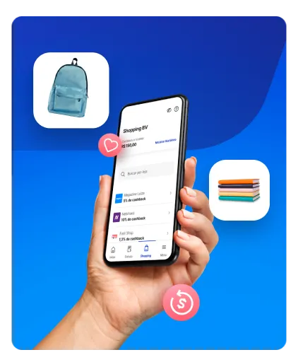 Uma mão segurando um celular aberto na tela de shopping BV, e ao lado, um ícone de mochila escolar e livros escolares.
