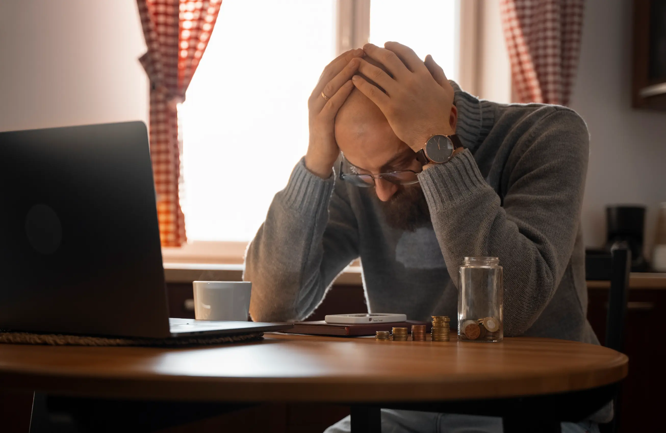 Homem calvo de óculos sentado à mesa com laptop à frente, apoiando as mãos na cabeça enquanto olha para pilhas pequenas de moedas e um frasco com troco, transmitindo preocupação financeira.