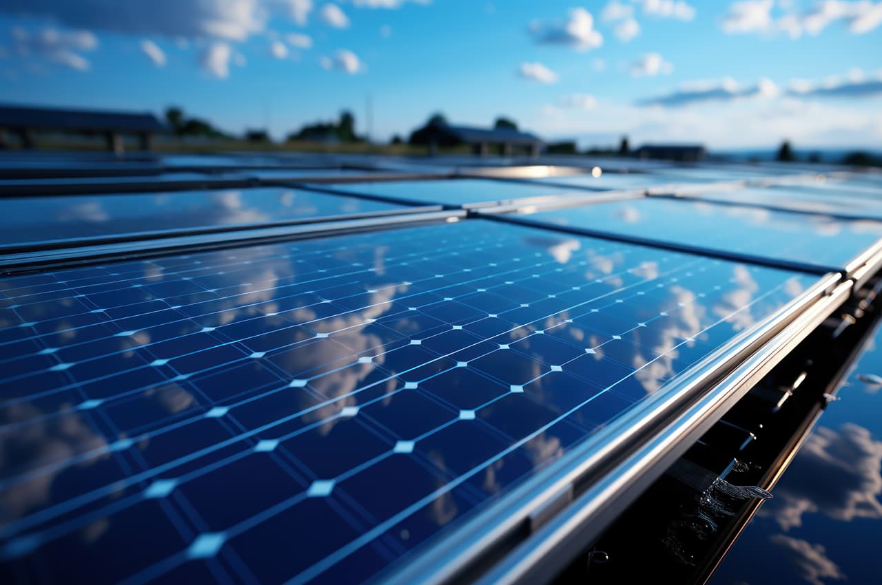 Efeito fotovoltaico refletindo em cima de placa solar instalada.