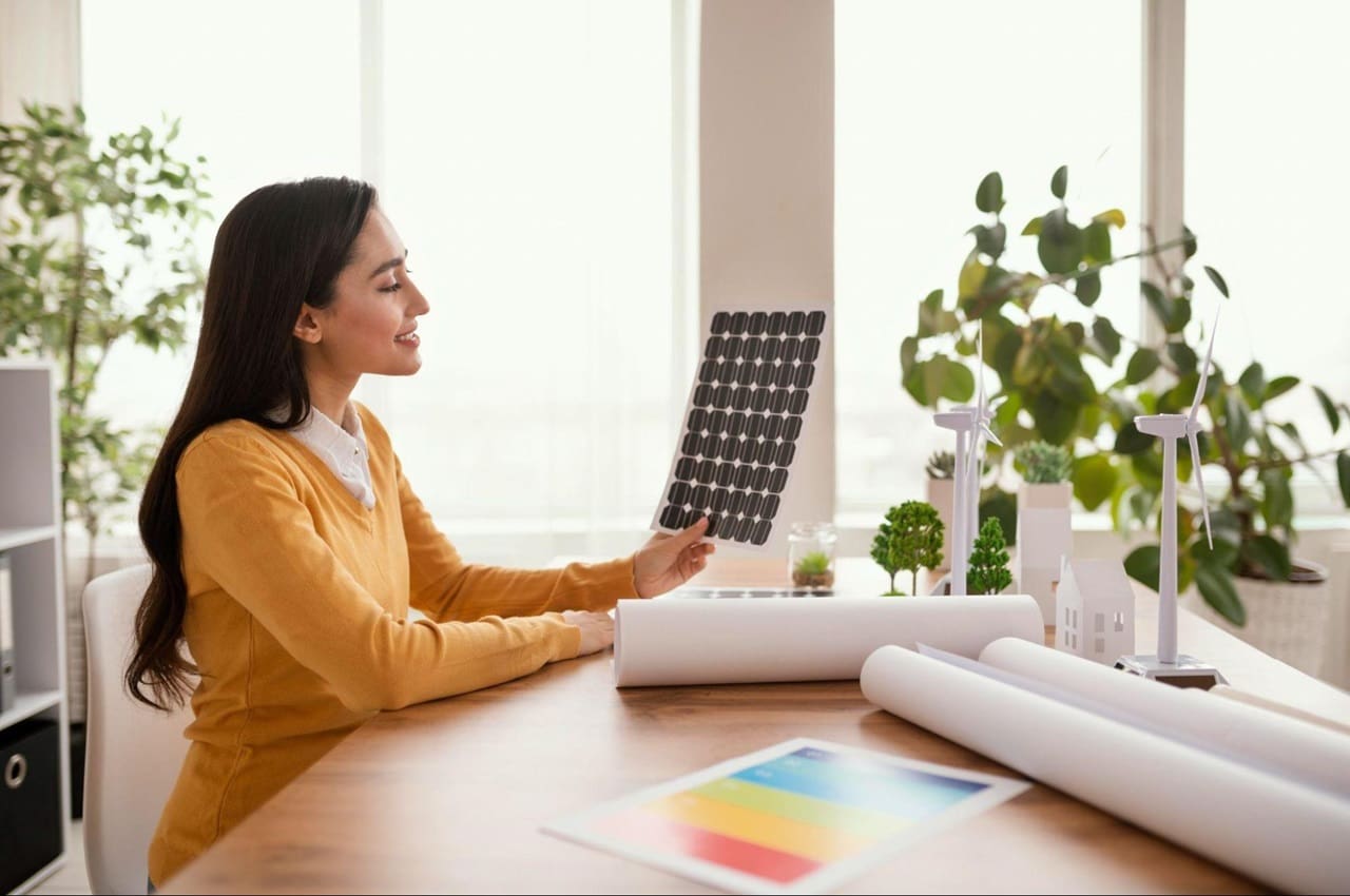 Mulher sorridente segura placa solar e observa maquete de projeto de energia luminosa sob a mesa. Ela veste suéter amarelo e tem cabelos lisos pretos e longos.