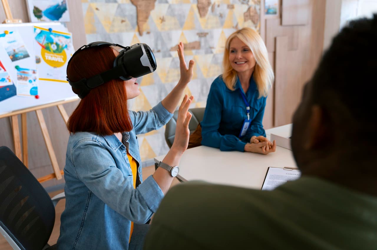 Mulher ruiva com expressão surpresa e as mãos para cima enquanto usa VR (óculos de realidade virtual) nos olhos. Na sua frente, tem dois colegas de trabalho com expressões sorridentes.