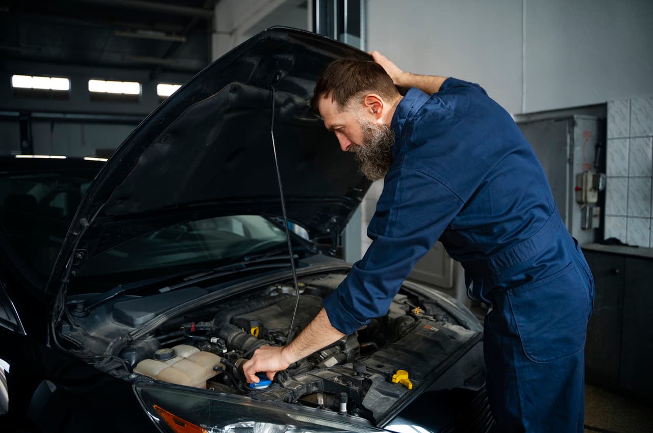 Mecânico de cabelos curtos e barba longa veste macacã azul escuro e faz revisão do carro na concessionária. 