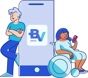 Ilustração de homem encostado em um celular com a logo do banco BV, com mulher em cadeira de rodas ao lado.