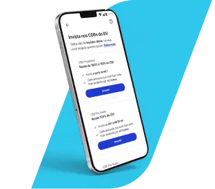 Imagem de um smartphone exibindo tela de investimentos no app do Banco BV