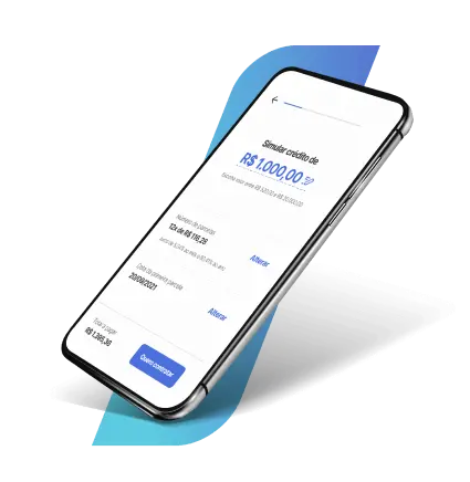 Celular na diagonal, mostrando na tela um simulador de crédito. Atrás dele, há uma barra azul que representa o padrão da marca do banco BV