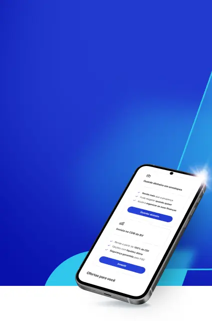 Anúncio do banco BV: CDB a até 120% do CDI Imagem de um celular com o app banco BV.