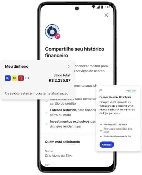 Imagem de um smartphone exibindo a tela de compartilhamento de histórico financeiro dentro do app BV.