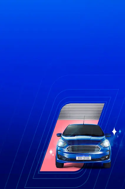 Imagem de um carro azul, ao fundo a haste do banco simulando um portão de garagem