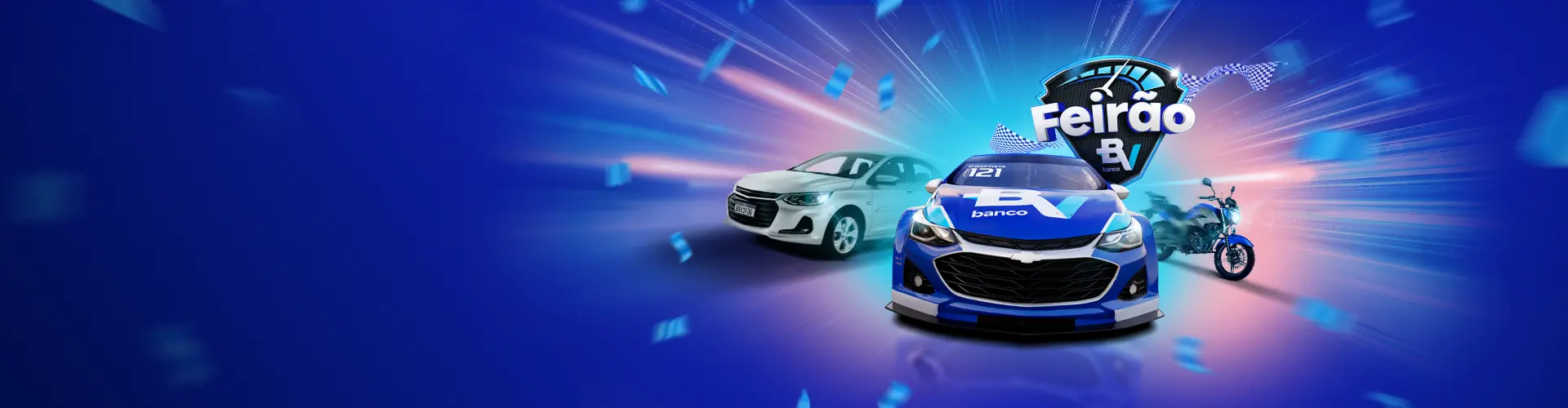Carro da Stock Car patrocinado pelo banco BV, ao lado de um carro comum, uma moto e o selo do Feirão BV.