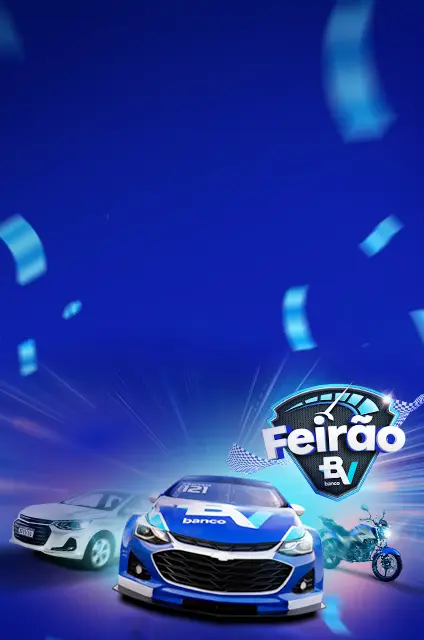 Carro da Stock Car patrocinado pelo banco BV, ao lado de um carro comum, uma moto e o selo do Feirão BV.