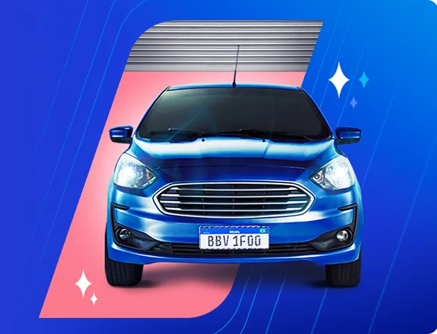 Um carro azul está posicionado na frente de uma haste rosa com o logo do BV
