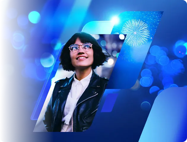 Em um fundo azul, com formas geométricas curvas, uma mulher de cabelos curtos e óculos olha para cima e sorri.