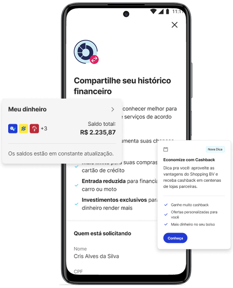 Imagem de um smartphone exibindo a tela de compartilhamento de histórico financeiro dentro do app BV.