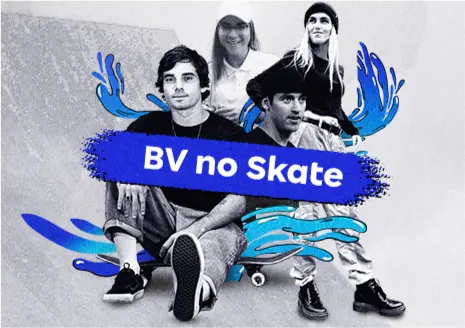 Murilo Peres, Kelvin Hoefler, Yndiara Asp e Pâmela Rosa, skatistas patrocinados pelo banco BV, com escrita "BV no Skate".