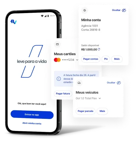 Imagem com fundo cinza. No canto esquerdo, em primeiro plano, há um celular mostrando a tela inicial do app BV. E em volta dele, temos recortes de outras três telas do aplicativo, nesta ordem: Conta BV, Cartões BV e Financiamento de Veículos BV, para ilustrar as diversas possibilidades que o app oferece.