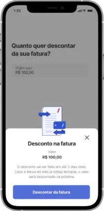 A imagem contém um celular com o aplicativo BV em uso. Na tela vemos o usuário usando o cashback para pagar a fatura.