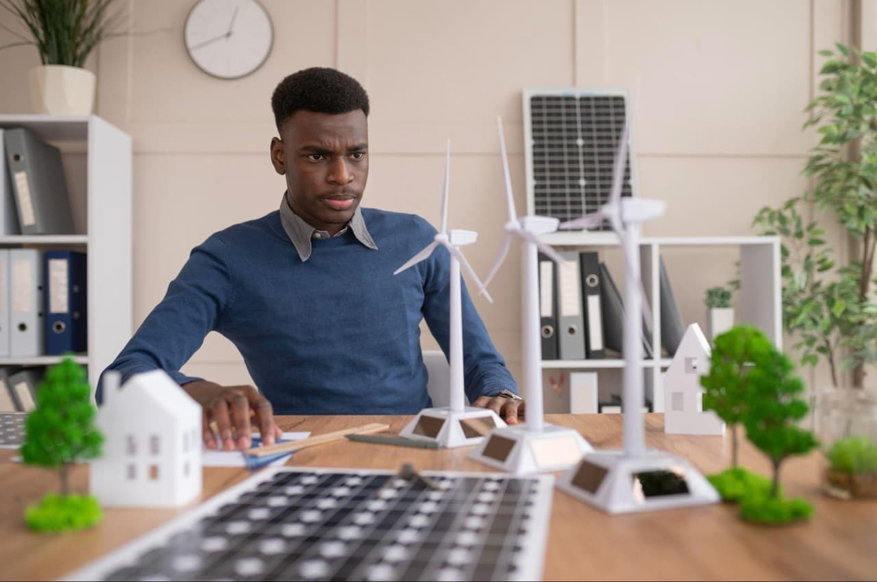 Homem com expressão concentrada, sentado na mesa de escritório com miniaturas de placas solares sobre ela.