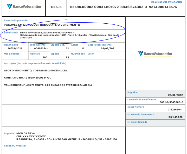 Exemplo de um boleto do banco BV com a região do cedente/beneficiário circulado em azul e com o nome "Banco Votorantim S/A", CNPJ e endereço da matriz do banco.