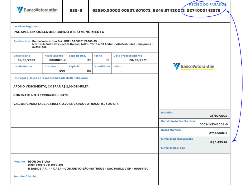 Exemplo de um boleto do banco BV com os últimos dígitos do código do boleto circulados em azul e com uma seta apontando para o valor total do documento.