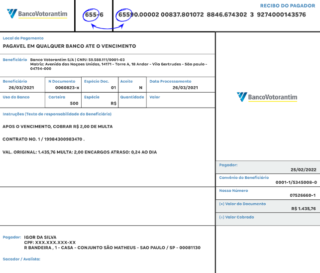 Exemplo de boleto do banco BV com as informações dos 3 primeiros números de registro do banco circulados de azul.