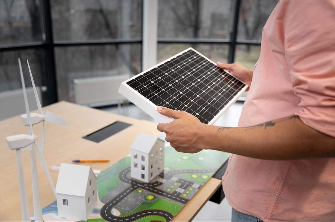 Pessoa segurando um painel solar em um escritório, com maquetes de casas e turbinas eólicas sobre a mesa.