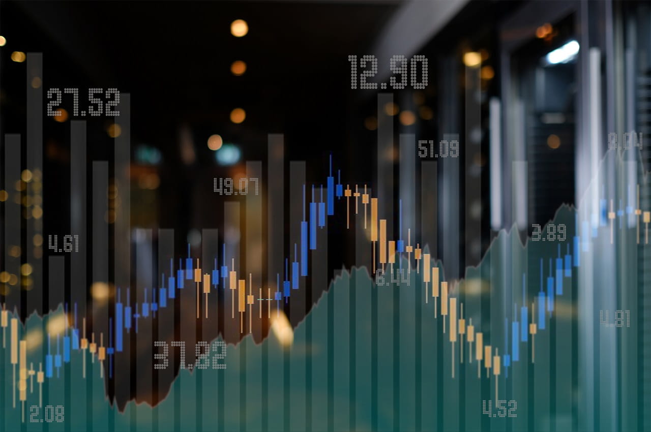 A imagem mostra gráficos virtuais de acompanhamento econômico.