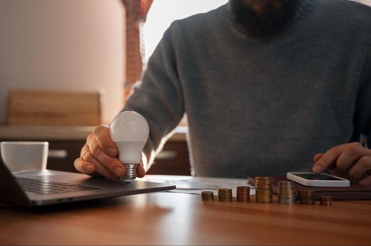 Homem (rosto não aparece na imagem) segura lâmpada desligada e usa calculadora para economizar energia na empresa.