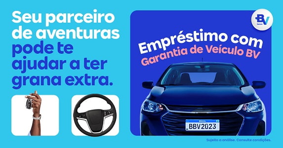 Banner azul convidando usuários a fazerem simulação do Empréstimo com Garantia de Veículo BV.