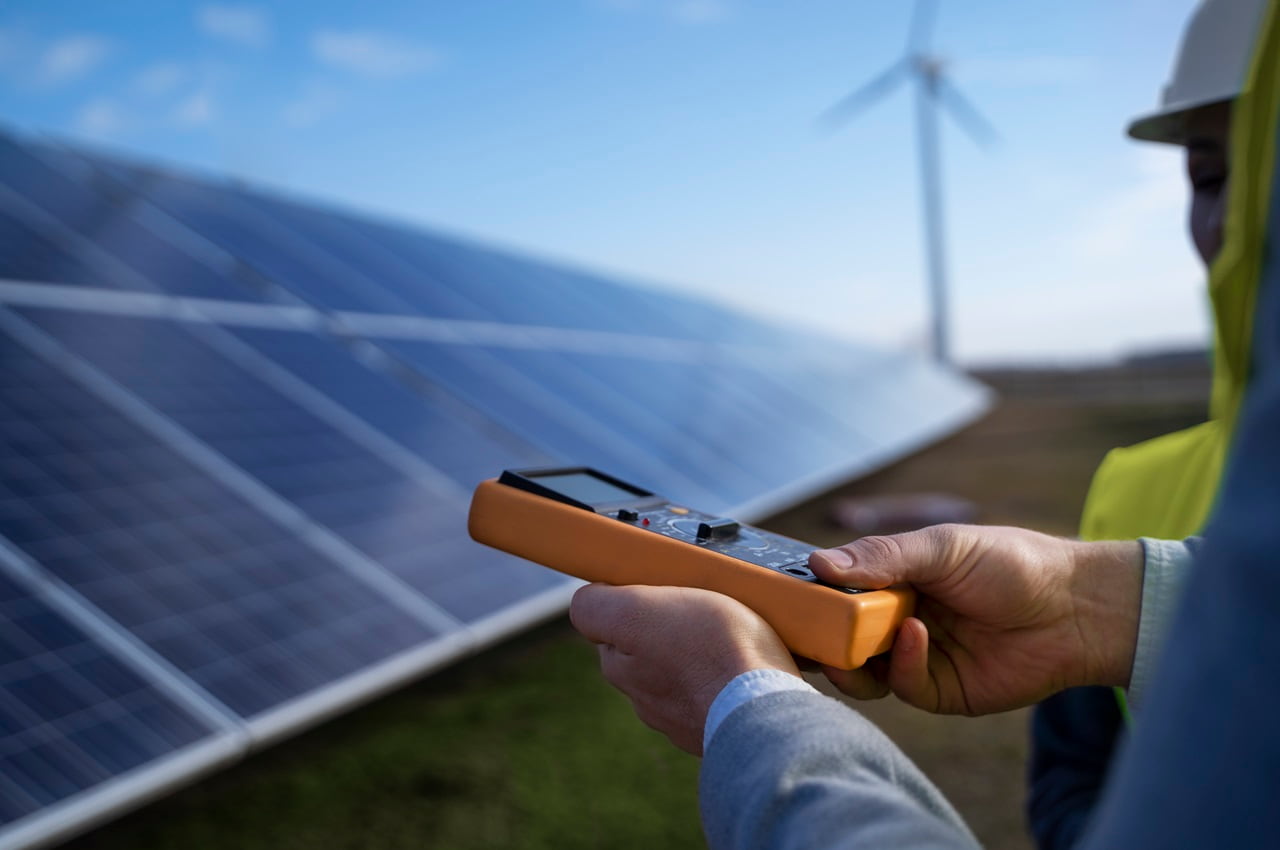 Engenheiro de energia solar com aparelho laranja para medir energia das placas solares instaladas no campo. O rosto do homem não aparece na imagem.