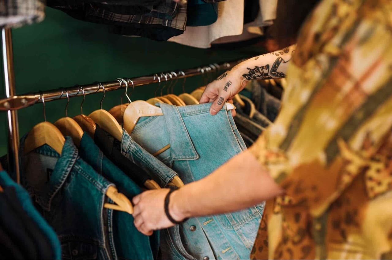 Pessoa com braço tatuado (seu rosto não aparece na imagem) escolhendo um colete jeans na arara de roupas de uma loja.