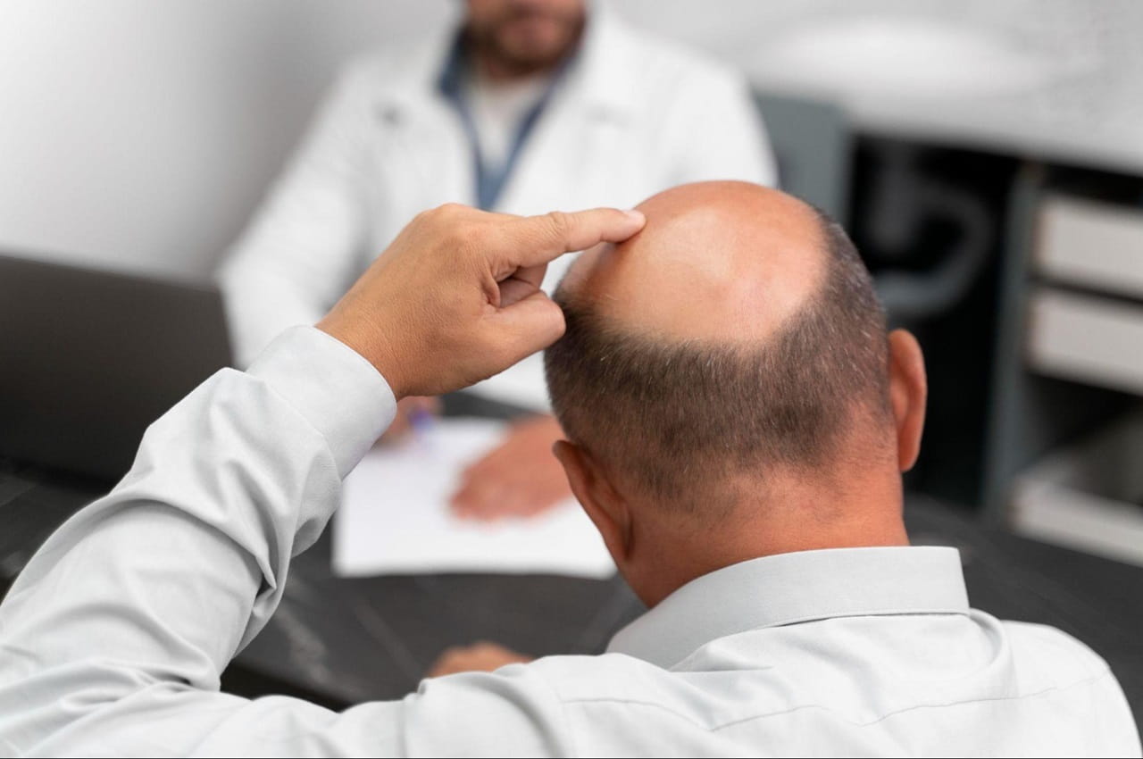 Homem com calvície sendo examinado por um médico, que aponta para a área de perda de cabelo.