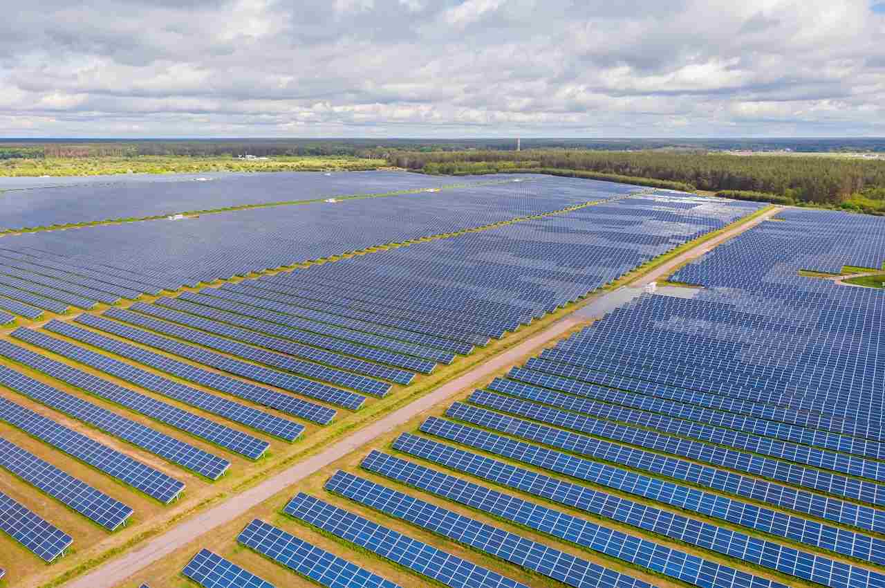 Foto de usina solar vista de cima com centenas de painéis solares instalados no solo.