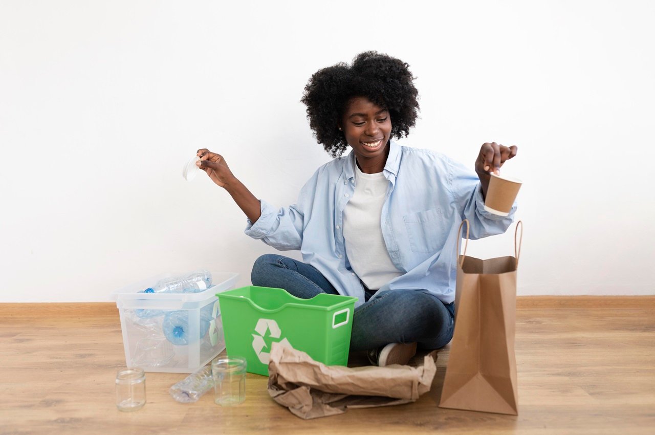 Mulher negra sorridente com blusa social branca, sentada no chão de madeira realizando a reciclagem de garrafas e papéis.