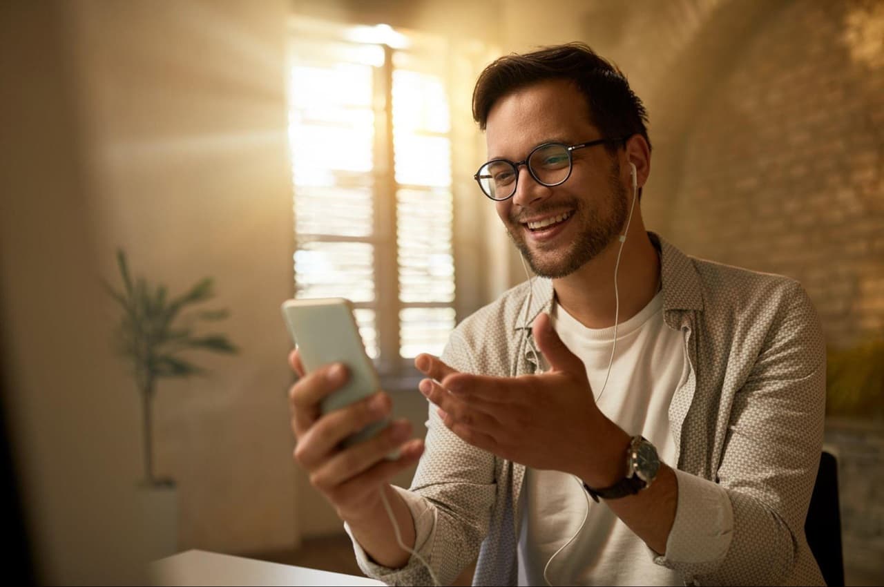 Homem com expressão sorridente segurando um celular com a mão direita e apontando para a tela do aparelho com a mão esquerda.