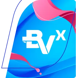 Logo "BVx" em branco, sobre um fundo azul com ondas e curvas em tons de azul mais claro e mais escuro, além de magenta.