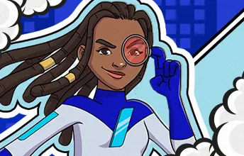 Personagem de quadrinhos negra com dread castanho e uniforme de super heroína azul e branco.