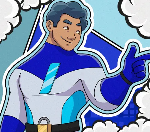 Personagem masculino de quadrinhos com cabelo azul e uniforme de super herói azul e branco