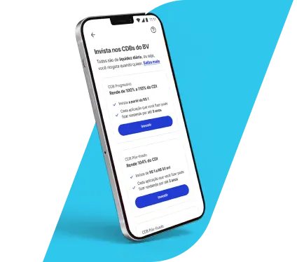 Imagem de um smartphone exibindo tela de investimentos no app do Banco BV