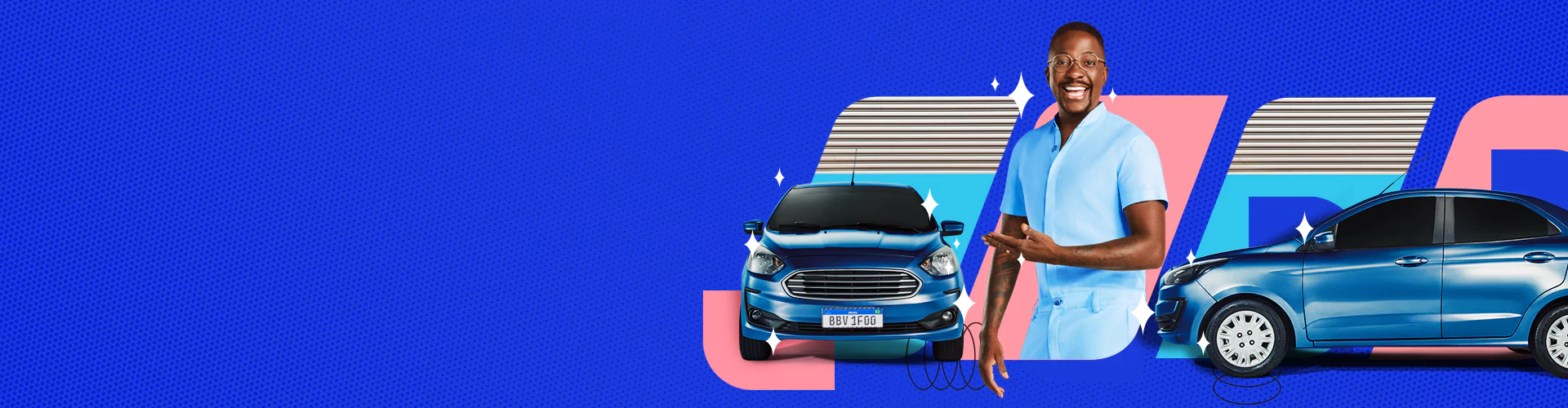 A imagem tem fundo azul escuro com grafismos em formato de hastes que possuem diferente cores e padrões. Do lado direito da imagem, tem dois carros azuis, um de frente e um de lado, com o cantor Mumuzinho entre eles. No lado esquerdo da imagem está o texto do banner.