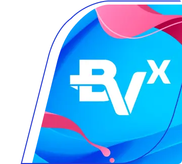 Logo "BVx" em branco, sobre um fundo azul com ondas e curvas em tons de azul mais claro e mais escuro, além de magenta.