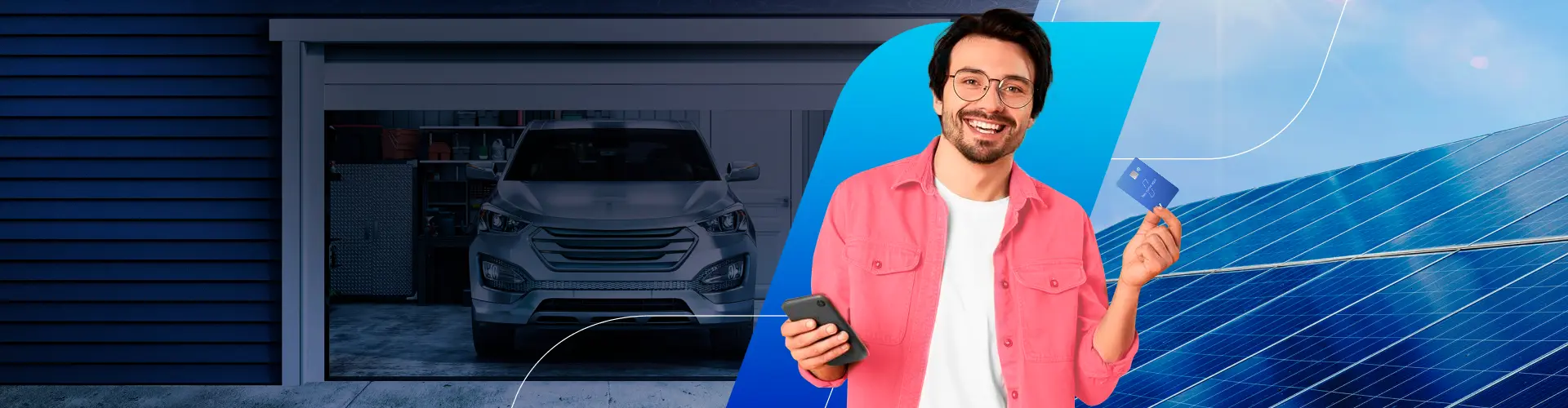 A imagem retangular mostra um carro em uma garagem. No meio, há uma haste azul com um homem centralizado, segurando um Cartão BV. Enquanto no canto direito, há uma placa solar.
